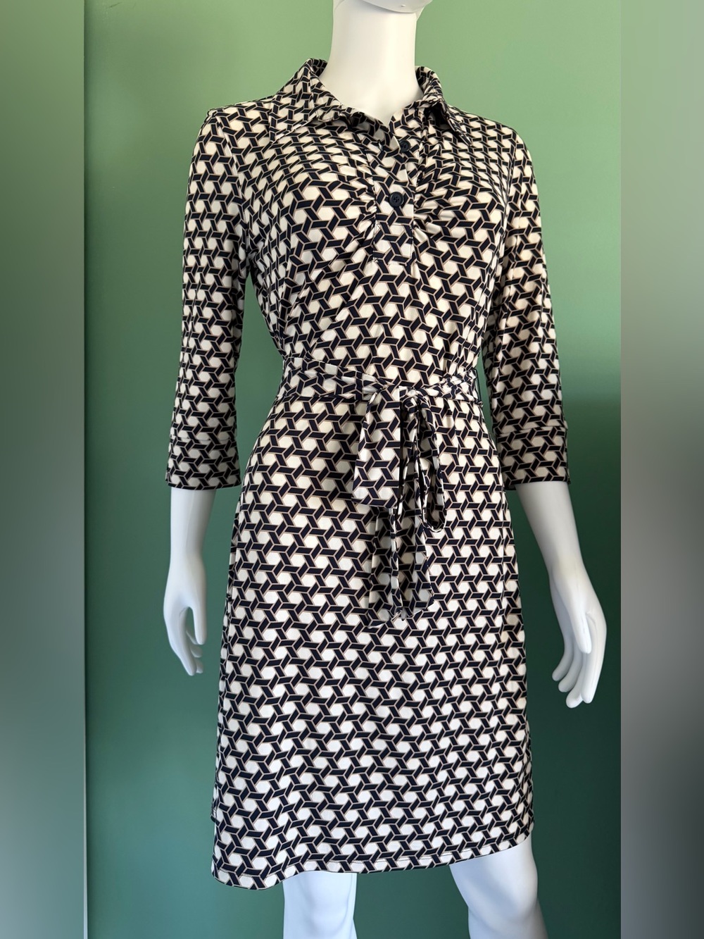 Perry Ellis Black and White Geometric Midi Shirt Dress with Tie Waist